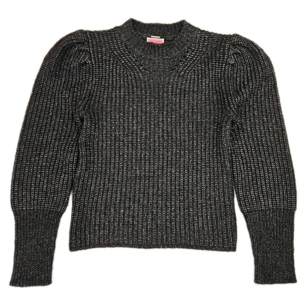 Kate Spade Lurex Puff‎ Sleeve Sweater Size SMALL Charcoal Gray Chunky Rib Knit